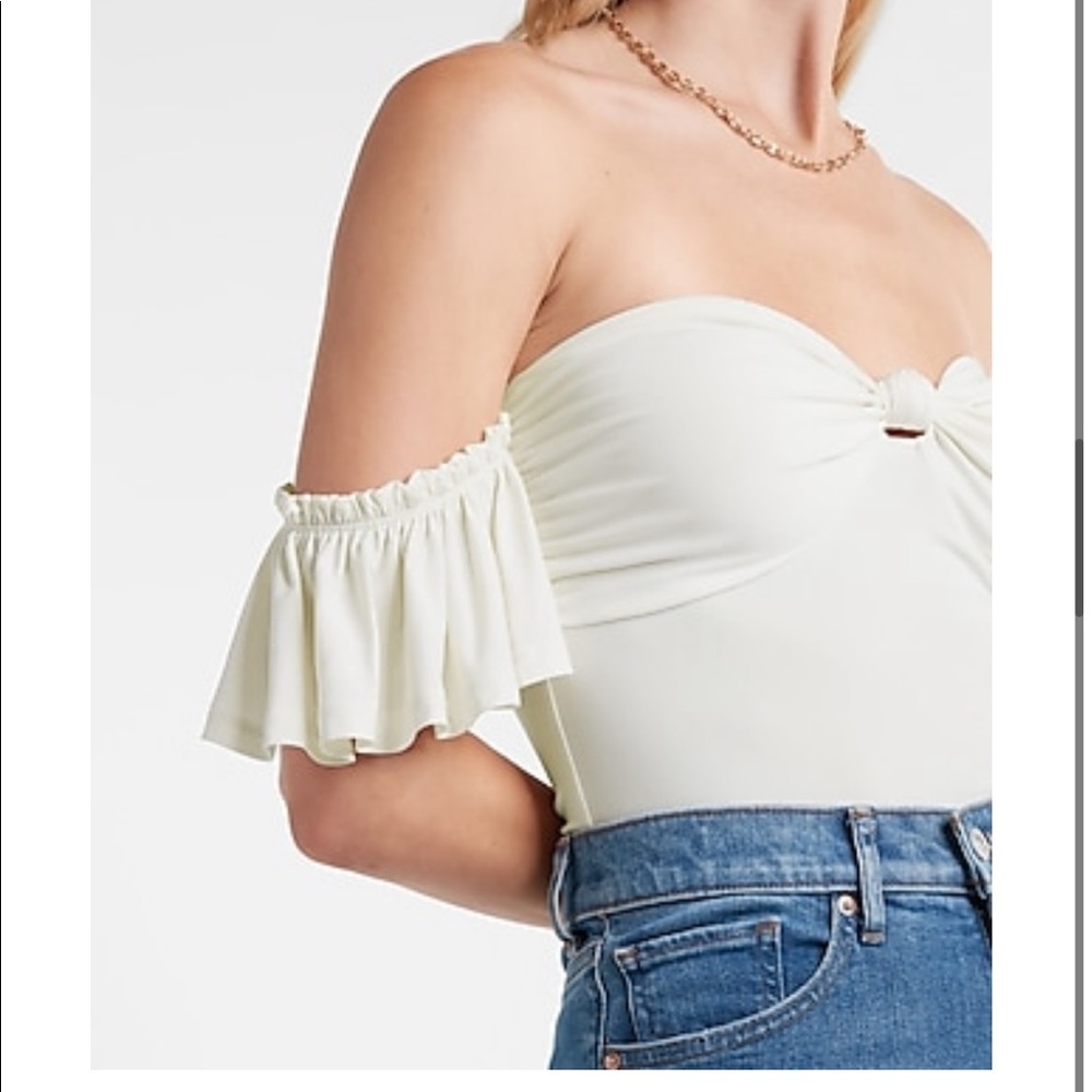 Express OFF THE SHOULDER KNOTTED FLUTTER SLEEVE THONG BODYSUIT - size XS